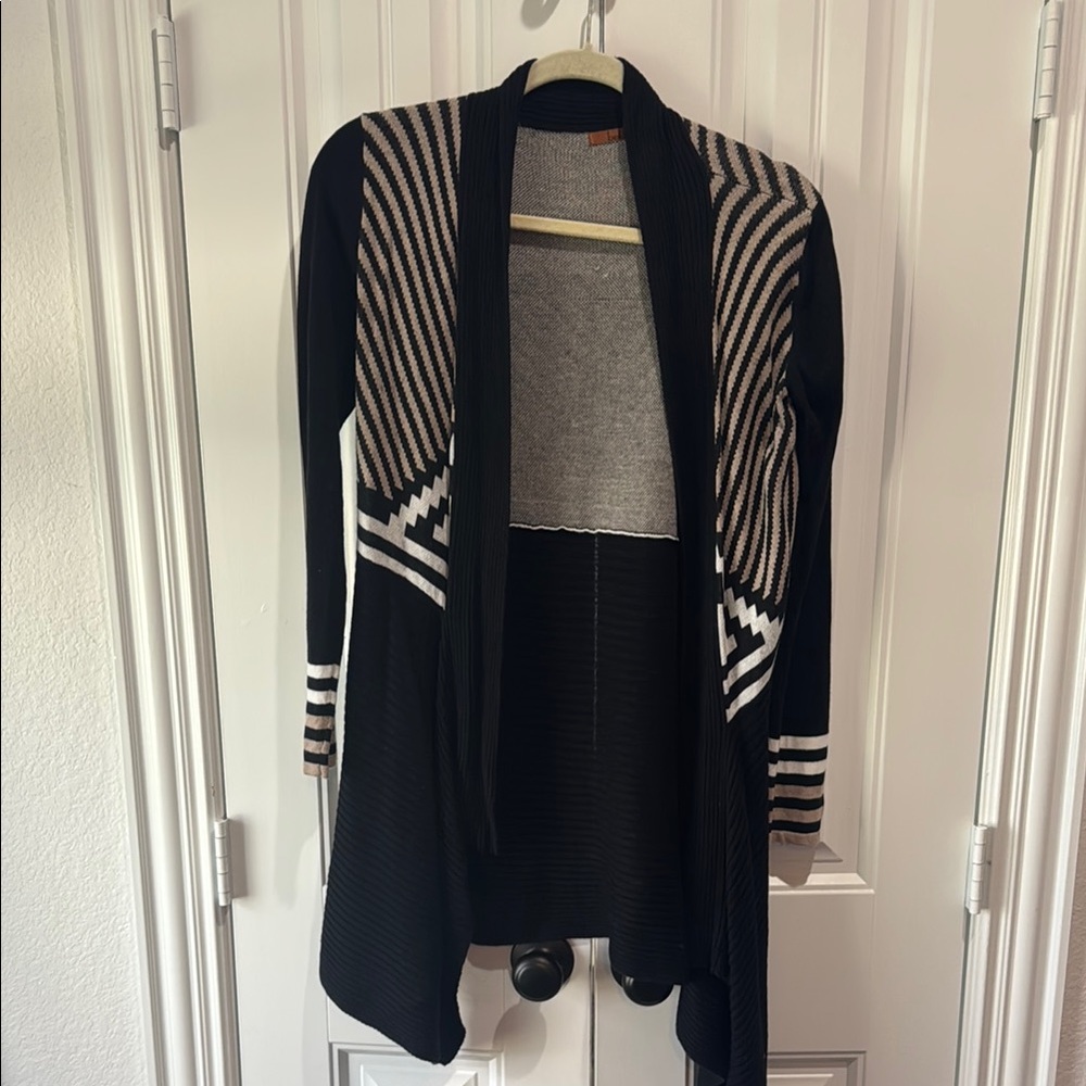 Belldini Black and Cream Striped Open Front Cardigan